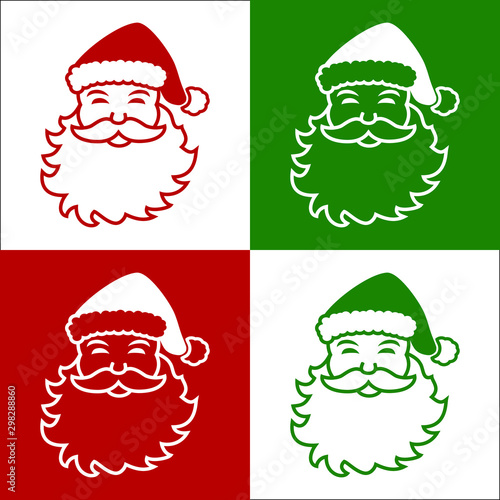 Carte rouge, vert et blanche avec 4 carrés illustrés de têtes de père Noël.