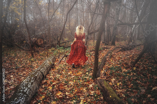 Young pretty woman in the red dress is walking in the foggy mystical forest