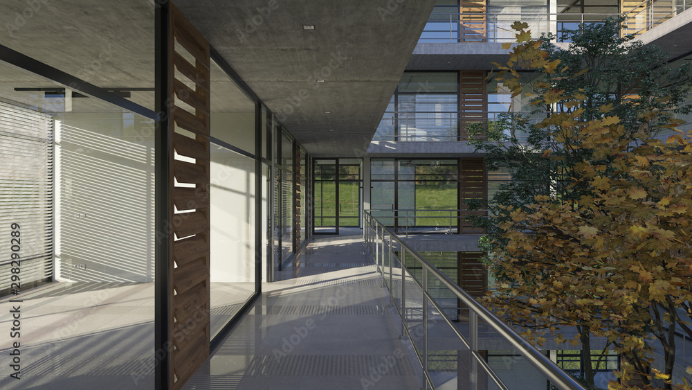 Daytime Rendering of a Multi Story Building with Empty Offices and an ...