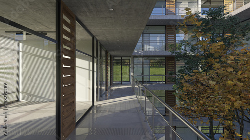 Daytime Rendering of a Multi Story Building with Empty Offices and an Internal Courtyard 3D Rendering