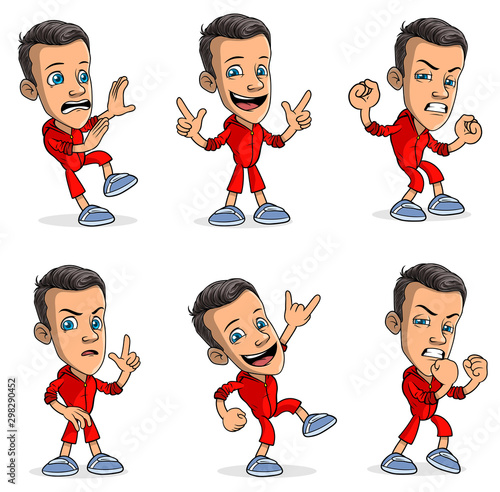 Cartoon funny smiling boy character in different positions. Layered EPS ready for animations. Standing, walking, fight, rock and roll gesture sign. Isolated on white background. Vector icon set.