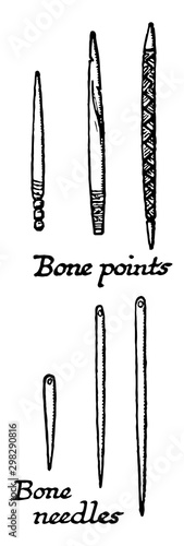 Reindeer age articles, Bone points and needles vintage illustration.