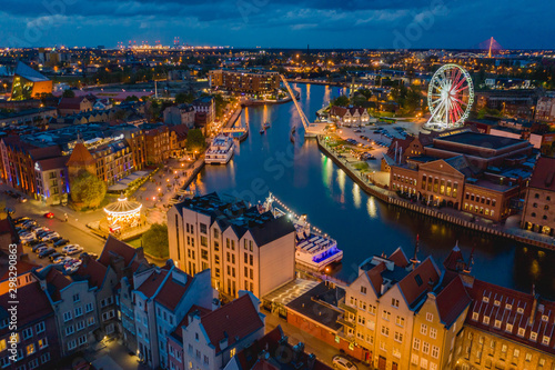 Aerial view on old town in Gdansk by the evening. photo