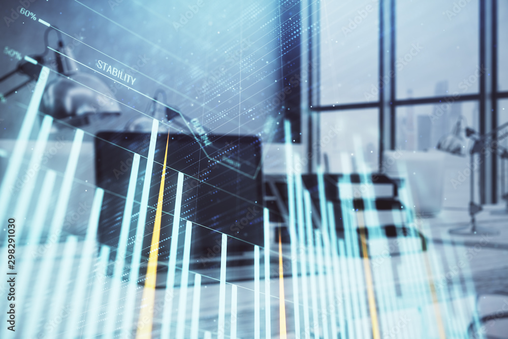 Forex graph hologram with desktop office computer background. Double exposure. Concept of financial analysis. Forex graph hologram with desktop office computer background. Double exposure. Concept of financial analysis.