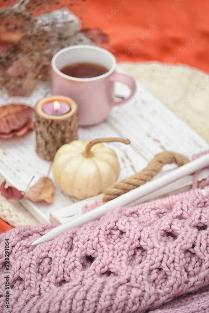 autumn still life. Knitting and knitting needles, tea and cannabis leaves in the garden. autumn still life. Knitting and knitting needles, tea and cannabis leaves in the garden.