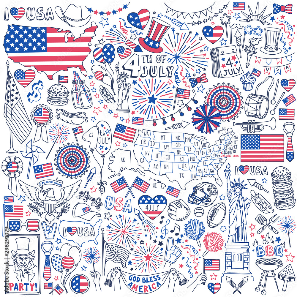 Fourth of July doodle set. National symbols of USA Independence Day