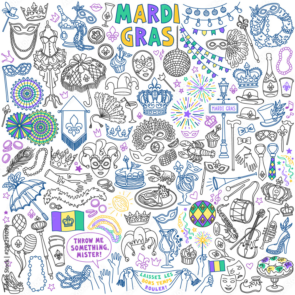 Mardi Gras carnival doodles set. Traditional holiday symbols, masks, party decorations. Freehand vector drawing isolated on background. "Laissez Les Bons Temps Rouler" means "Let the good times roll" - obrazy, fototapety, plakaty 