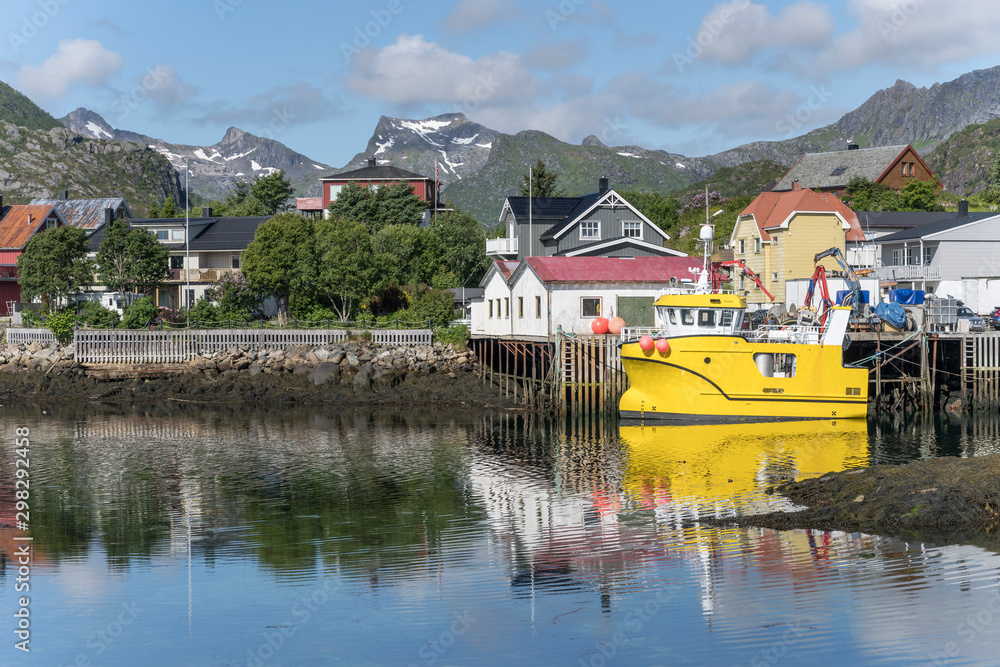 yellow boat moored, Svolvaer, Norway