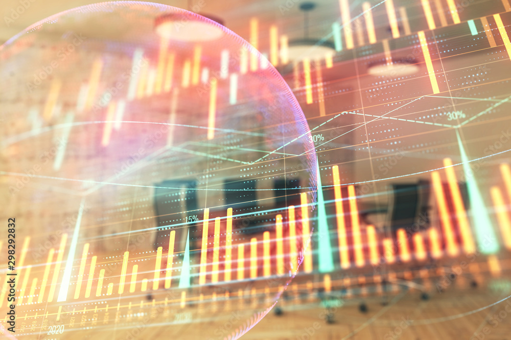Double exposure of stock market graph with globe hologram on conference room background. Concept of international finance Double exposure of stock market graph with globe hologram on conference room background. Concept of international finance