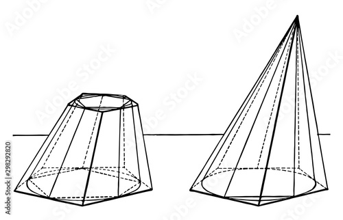 Cone With Regular Polygon Inscribed and Circumscribed About vintage illustration.