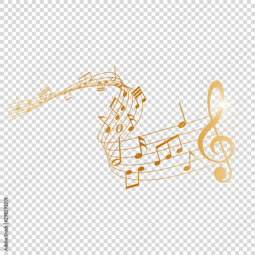 golden musical notes melody on transparent background