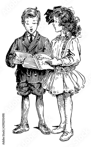 Children Singing & Holding Chorus Book, vintage illustration.