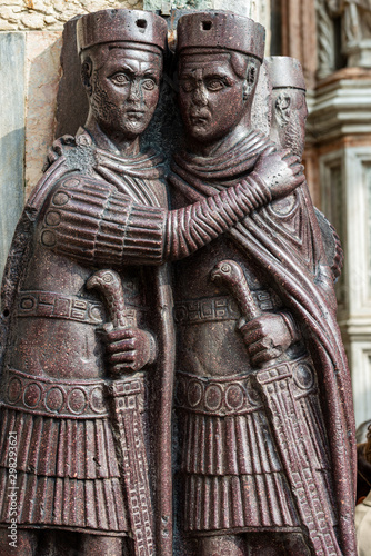 Venice, close-up of the monument of the Four Tetrarchs in red porphyry from Constantinople, San Marco square, UNESCO world heritage site, Veneto, Italy, Europe