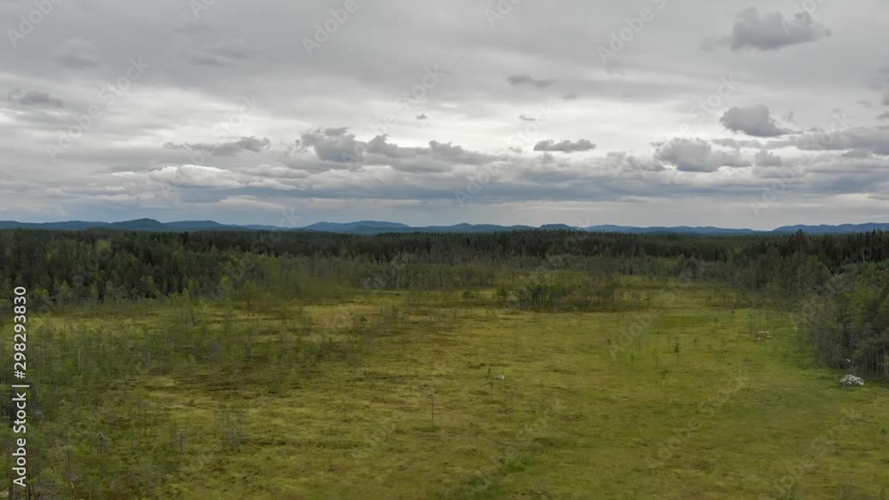 Aerial over the heavily forested areas of Vansboro, Dalarna County in Sweden. Drone slow pan up Aerial over the heavily forested areas of Vansboro, Dalarna County in Sweden. Drone slow pan up
