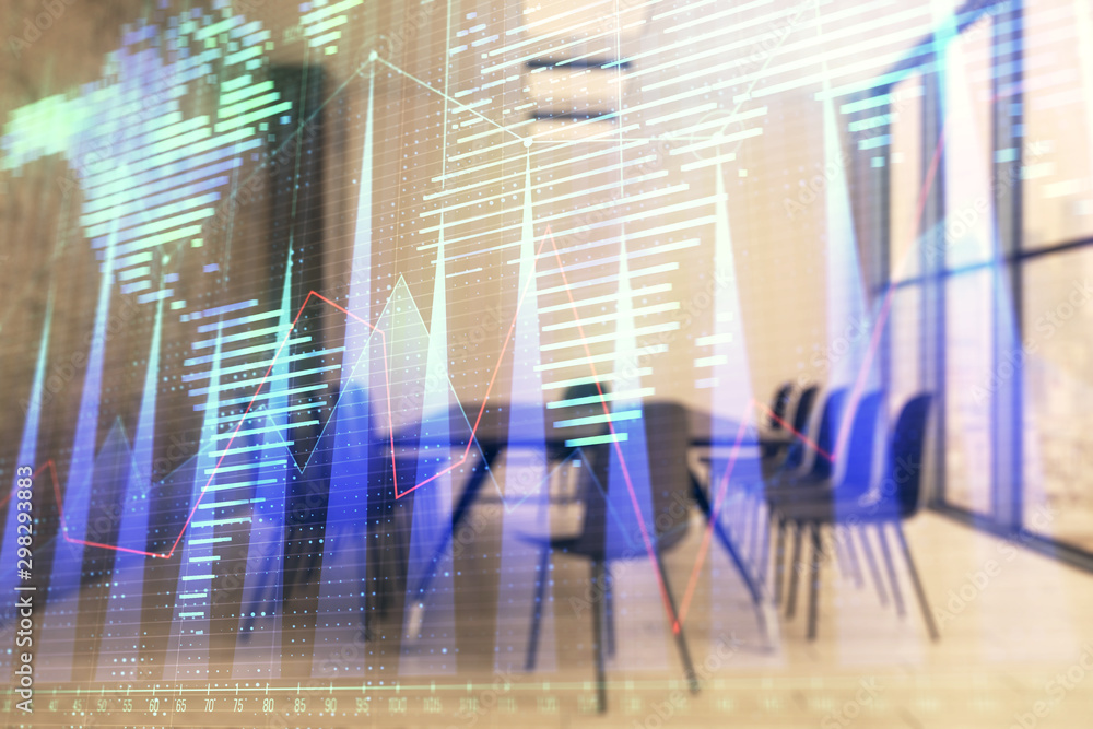 Double exposure of stock market graph with globe hologram on conference room background. Concept of international finance Double exposure of stock market graph with globe hologram on conference room background. Concept of international finance