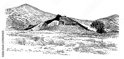 The Mound at Marathon, vintage illustration.