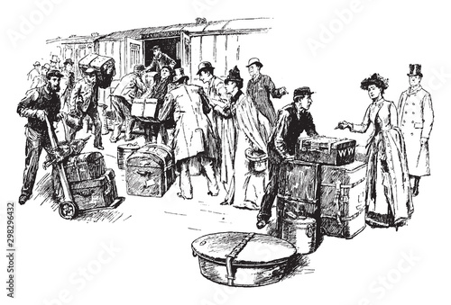 Train Travel, vintage illustration.