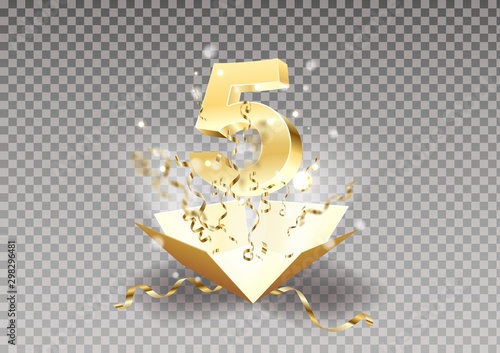 5th year anniversary room and open the gift box with explosions of confetti isolated design element.