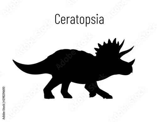 Triceratops. Ornithischian dinosaur. Monochrome vector illustration of silhouette of prehistoric creature Ceratopsia isolated on white background. Stencil. Huge fossil dinosaur. © tinkivinki