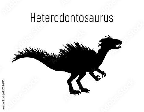 Heterodontosaurus. Ornithischian dinosaur. Monochrome vector illustration of silhouette of prehistoric creature heterodontosaurus isolated on white background. Stencil. Fast fossil dinosaur.