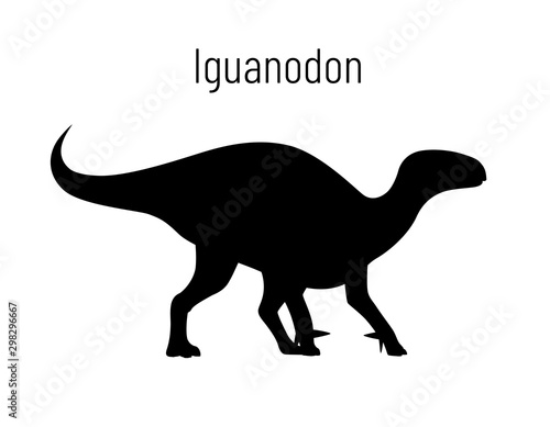 Iguanodon. Ornithischian dinosaur. Monochrome vector illustration of silhouette of prehistoric creature iguanodon isolated on white background. Stencil. Huge fossil dinosaur.