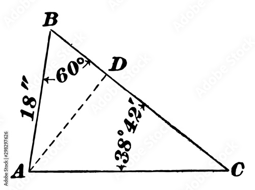 Oblique Triangle With Side 18" and Angles 60  and 38  42'. vintage illustration.