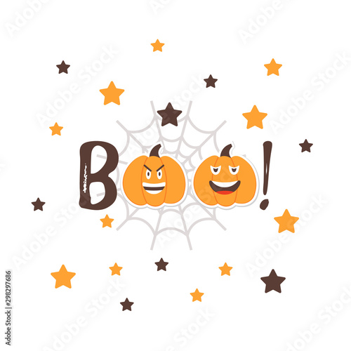 Halloween BOO message with Pumpkins angry Emoji cartoon characters. Spooky Emoji Faces in the night sky with stars. Orange Squash Smiles for messenger. Greeting card, postcard. Vector