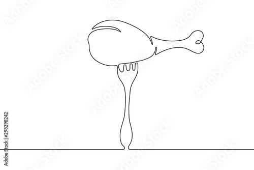 Chicken leg with bone on fork drawing in style of one continuous line black color. Self drawing