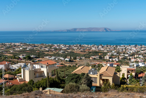 Gouves  Heraklion  Crete  Greece. October 2019. An overview of the town of Gouves towards Dia Island just of the coast and in the Sea of Crete.