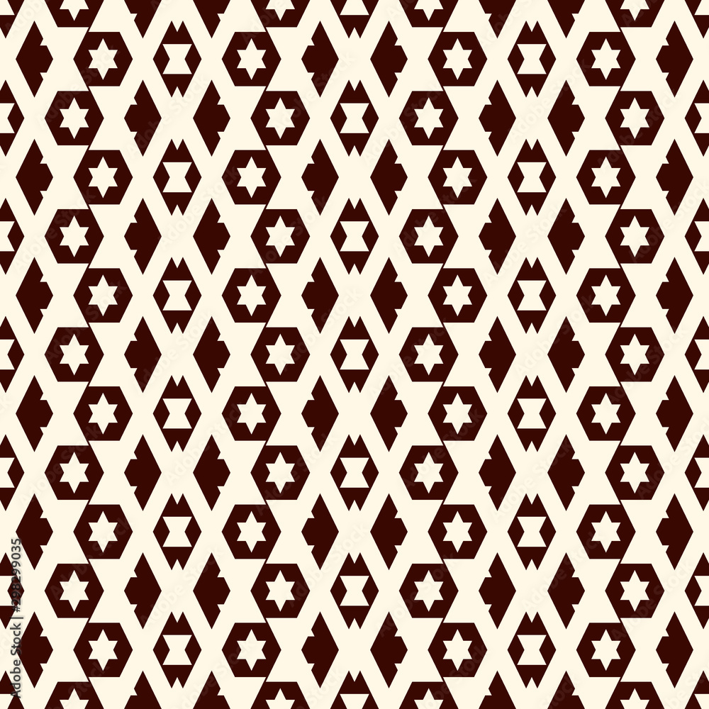 Contemporary honeycomb geometric ornament. Repeated stars, hexagons motif. Modern mosaic tiles. Ethnic seamless pattern