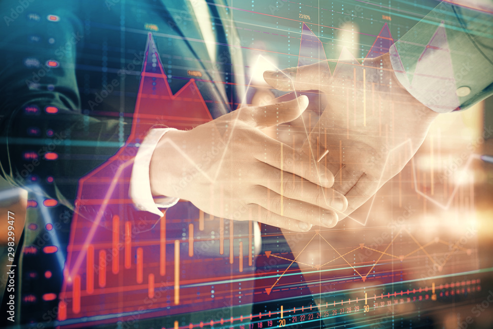 Double exposure of financial chart on cityscape background with two businessmen handshake. Concept of financial analysis and investment opportunities Double exposure of financial chart on cityscape background with two businessmen handshake. Concept of financial analysis and investment opportunities