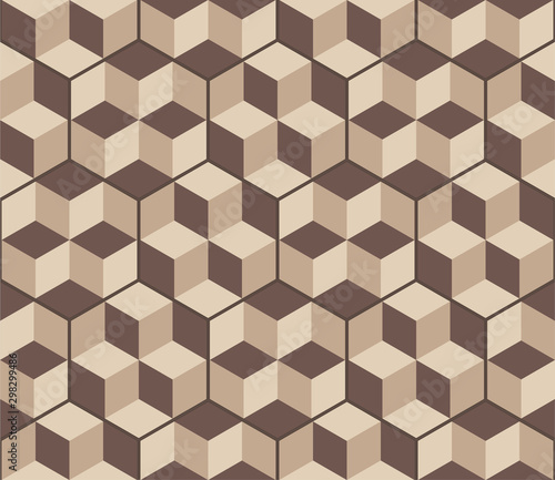 hexagonal tiles with optical Illusion decor. Floor and wall texture. Vintage style pattern for modern interiors. Seamless geometric volume pattern. Fashion graphics background design. 3D cube shapes © Stefania