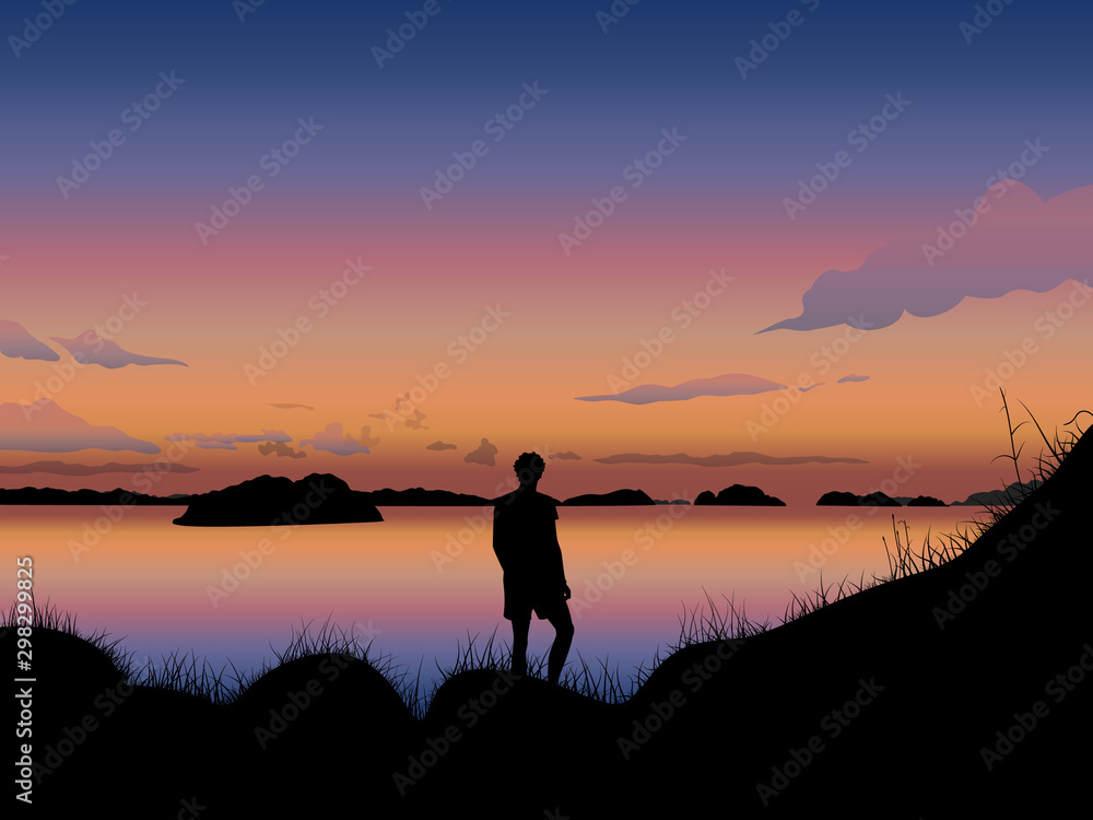 Vector art image illustration of the silhouette of a male standing on a hill looking at a colorful sunset Vector art image illustration of the silhouette of a male standing on a hill looking at a colorful sunset