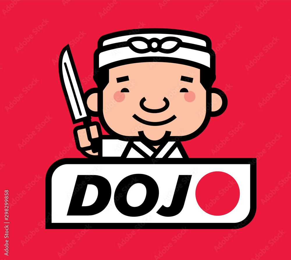 Cute japanese chef with happy smile, holds a knife, with a big table and signage, vector mascot Cute japanese chef with happy smile, holds a knife, with a big table and signage, vector mascot