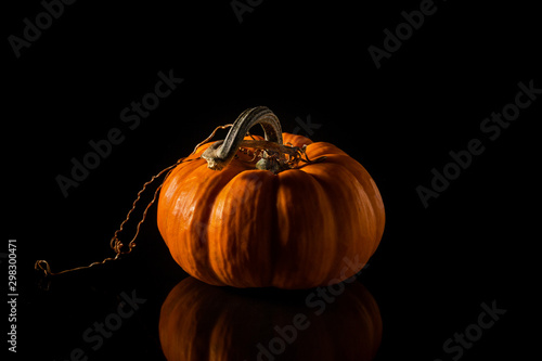 Decorative gourd with  dramatic light and a reflection on a black background