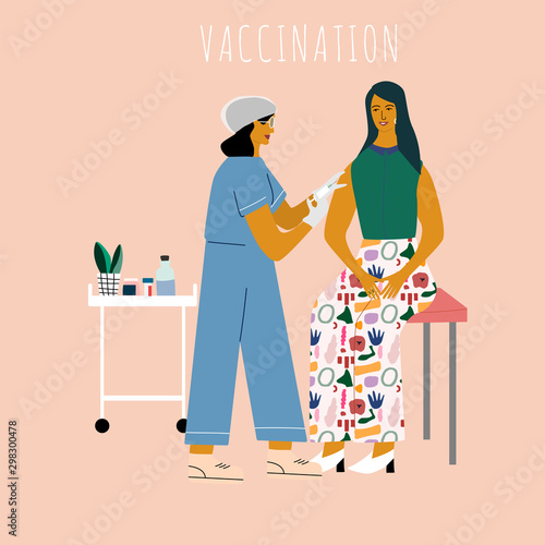 Vaccination and immunization concept. Woman make a vaccine injection of flu.  Doctor   with syringe and gloves vaccinating a woman at the medical laboratory. Flat trendyl vector illustration
