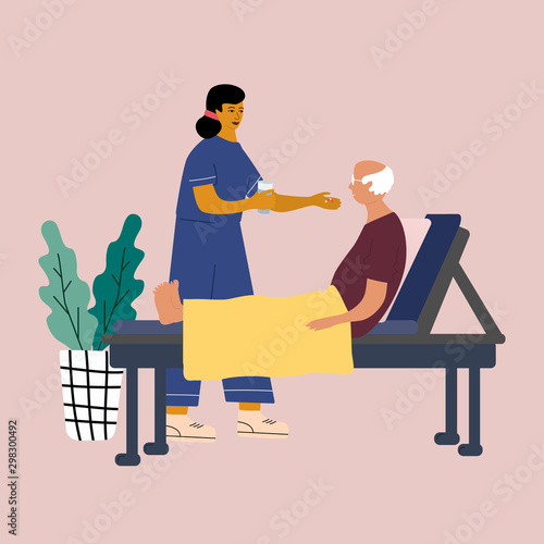 Home medical service concept. Nurse care and support a  senior adult at his home.  Medical worker gives a pill with water to senior patien.  Colorful flat vector illustration