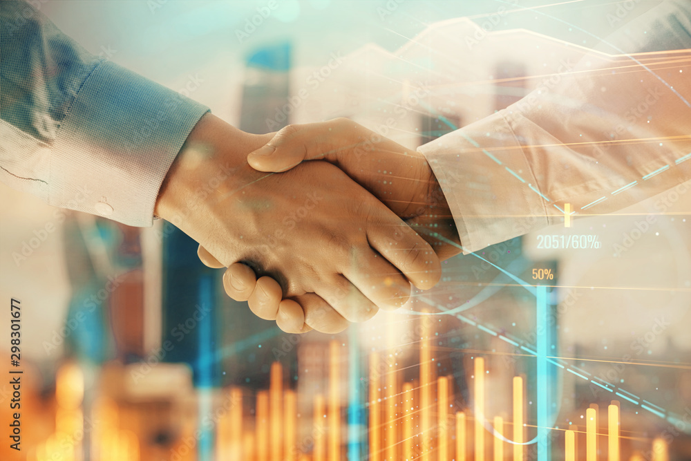 Double exposure of financial graph on cityscape background with two businessman handshake. Concept of stock market deal Double exposure of financial graph on cityscape background with two businessman handshake. Concept of stock market deal