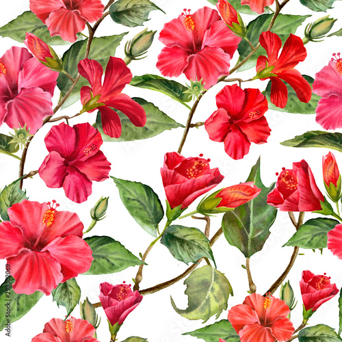 Watercolor seamless pattern with realistic colorful hibiscus and green leaves.  Tropical flower Illustration for design wedding invitations  greeting cards  postcards. 