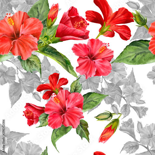 Watercolor seamless pattern with realistic colorful hibiscus and green leaves.  Tropical flower Illustration for design wedding invitations  greeting cards  postcards. 