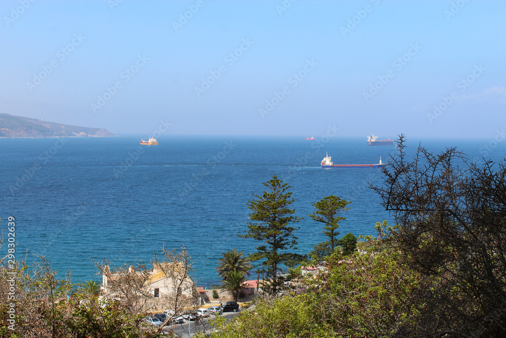 Boat entering sea port one summer afternoon with a sky and a blue sea, seen from a hill with greenery