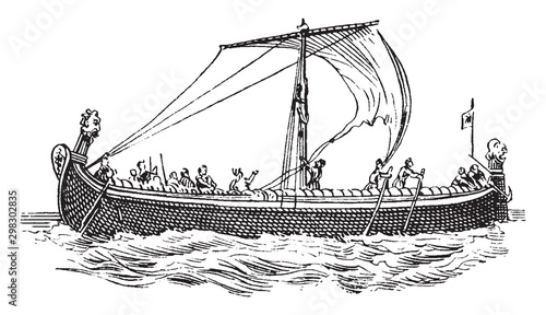 Tableau sur toile Saxon ship from Bayeux Tapestry, vintage illustration.