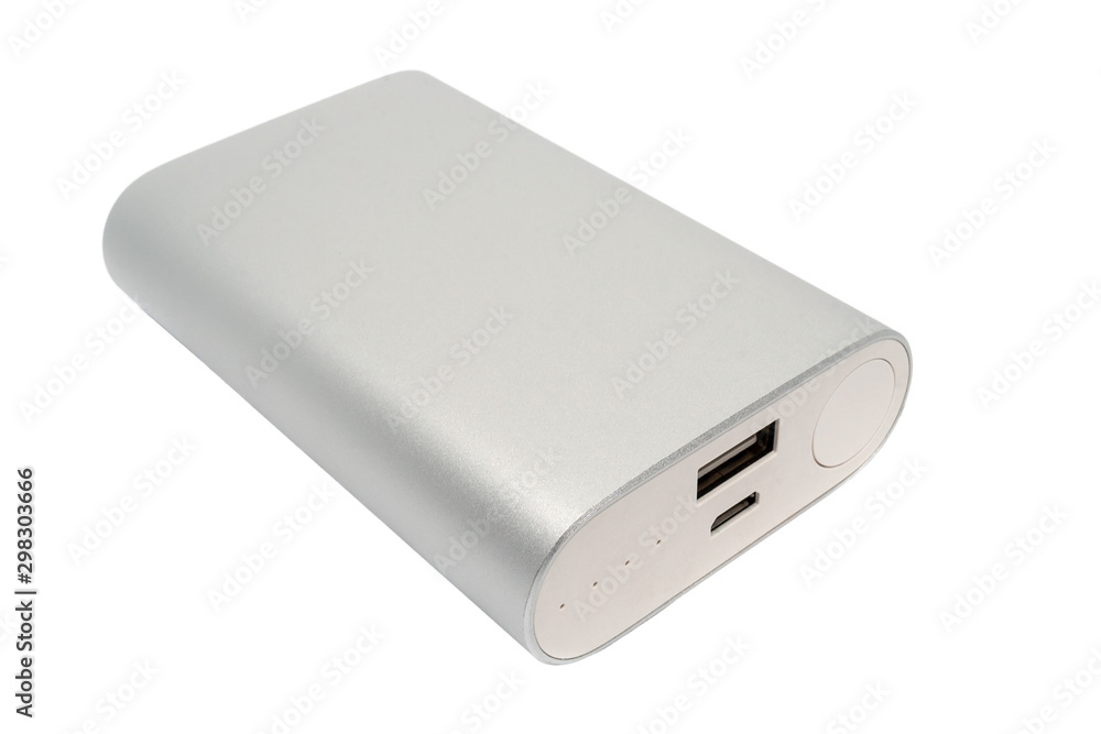 Closeup view of a rectangular silver power bank isolated on a white background. Charger for mobile phones, laptops and other electronic devices Closeup view of a rectangular silver power bank isolated on a white background. Charger for mobile phones, laptops and other electronic devices