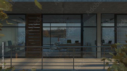 Side View of Office Rooms with Lake View in Natural Daylight 3D Rendering