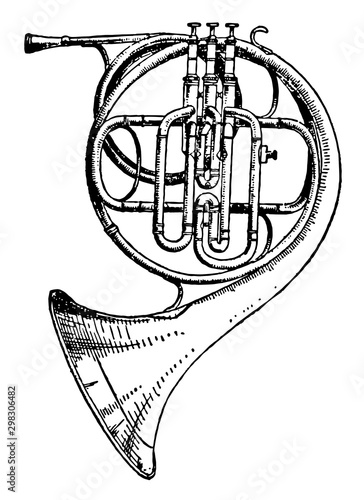French Horn, vintage illustration.
