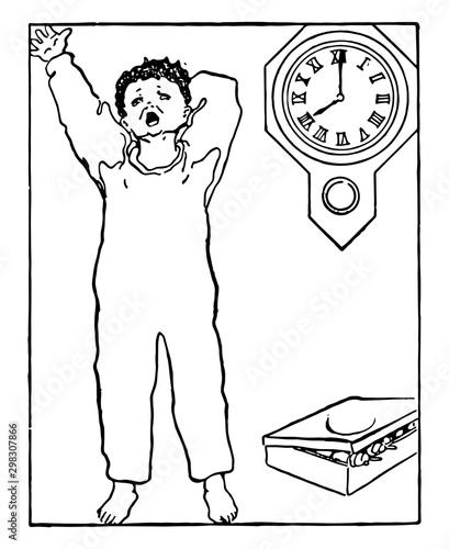 Telling Time 8:00 Story Problem vintage illustration.