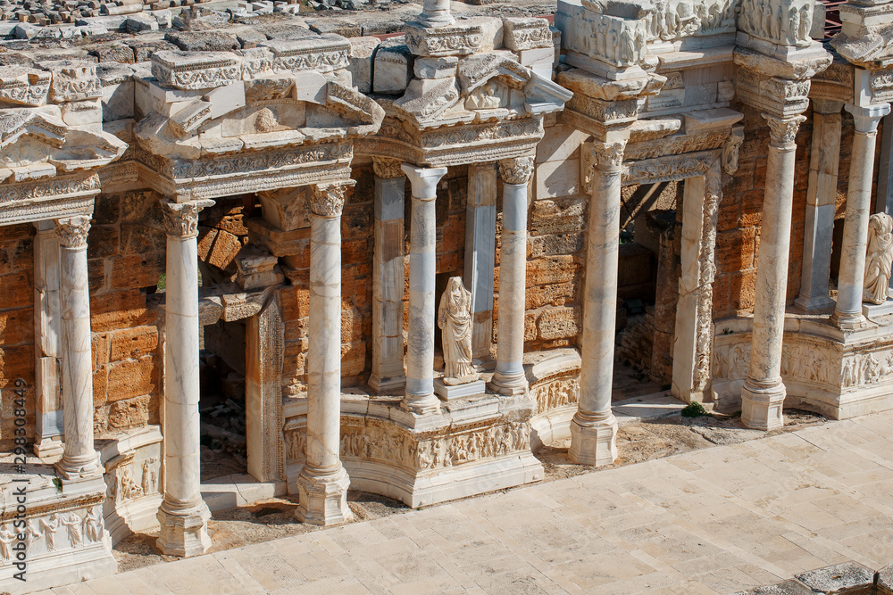 Elements of the old amphitheater, Hierapolis in Pamukkale, Turkey.