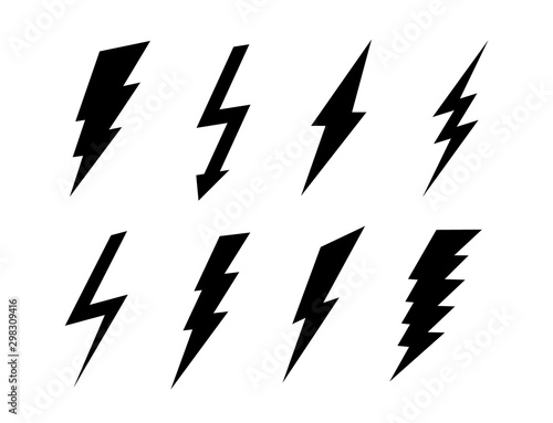 Set of flat lightning icons. Vector black signs. Bolt symbols collection isolated on white background.