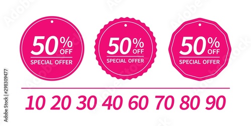 Set of price sale tags round shape with text. Special offer. Discount stickers design. Ready sale labels for use in banner design, web and ad. Flat templates for print.