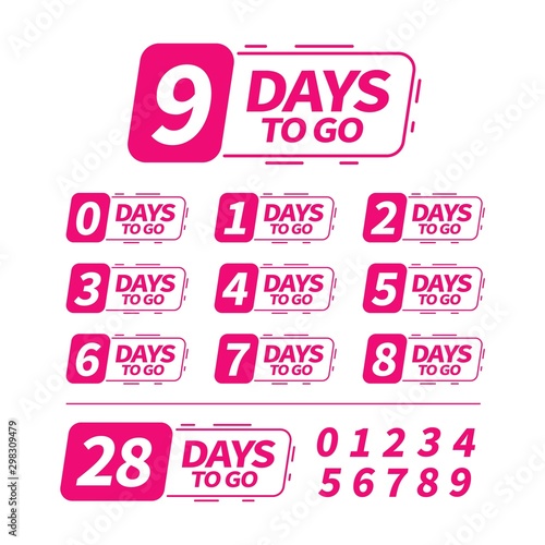 Number days left to go, badges or sticker design. Countdown banner. Count time sale. Nine, eight, seven, six, five, four, three, two, one, zero days left. Vector pink flat stickers.